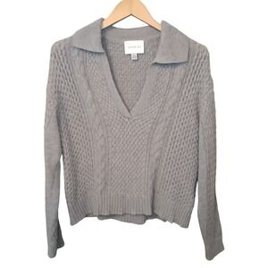 Jason Wu Women's Gray Wool Cable Knit Sweater Collared V Neck Long Sleeve Medium